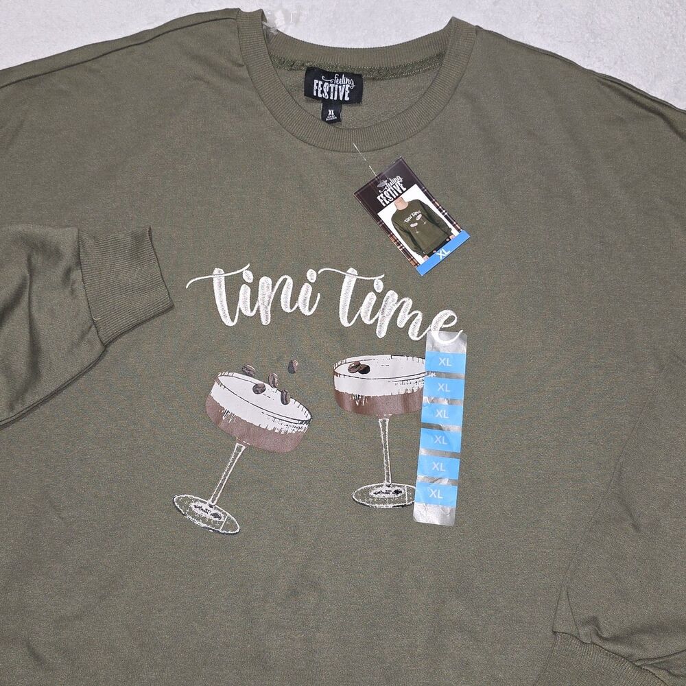 NWT - FEELING FESTIVE Espresso Martini 'Tini Time' Green XL Crewneck Sweatshirt